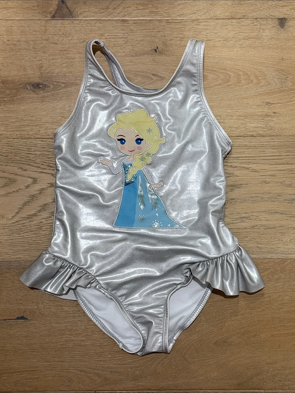 Disney Silver Girls Elsa One-Piece Swimsuit with Blue Dress Graphic